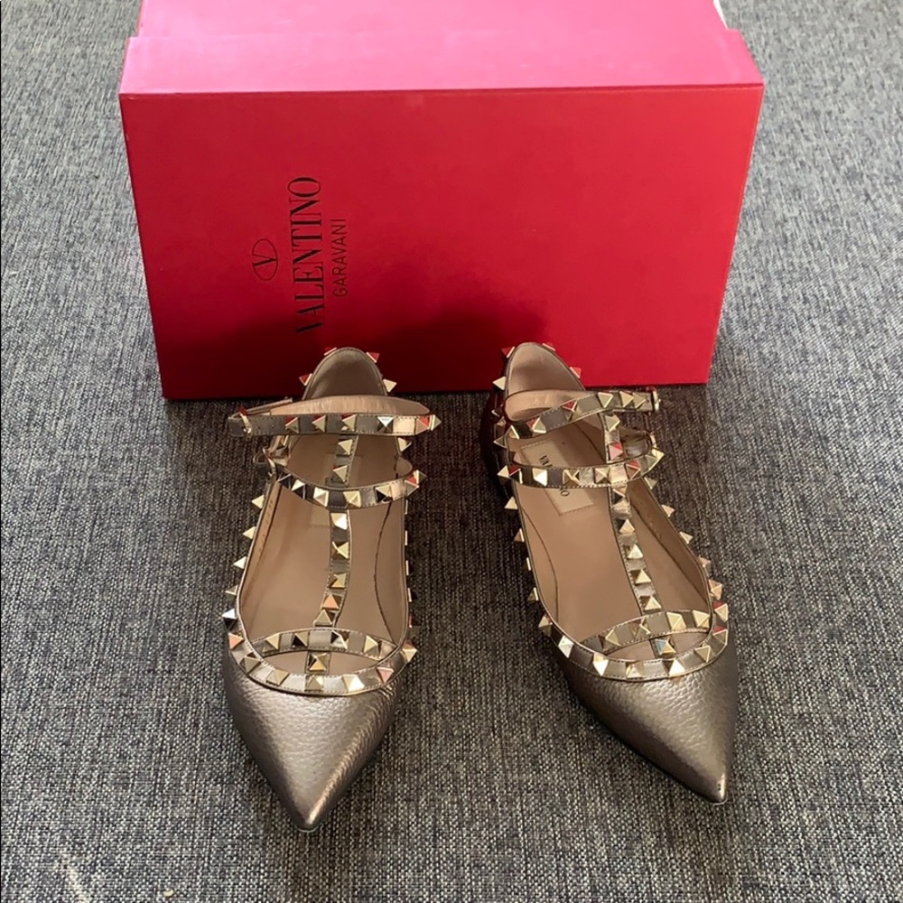Valentino Rockstuds Caged Gold Flats Shoes Brown